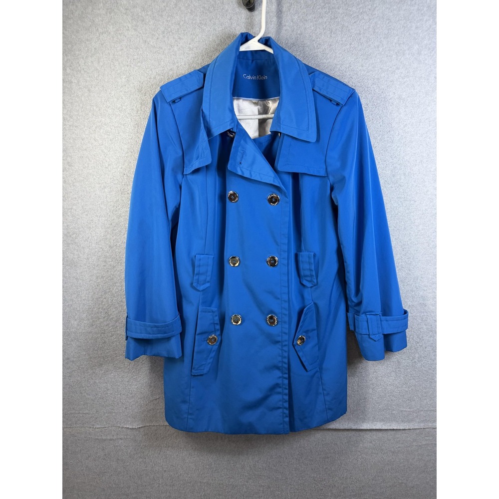 Calvin Klein Trench Coat Womens Large Blue Double Breasted Belted Lined Twill